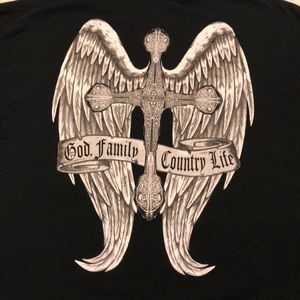 Black Country Life Shirt with Cross and Wings Lg